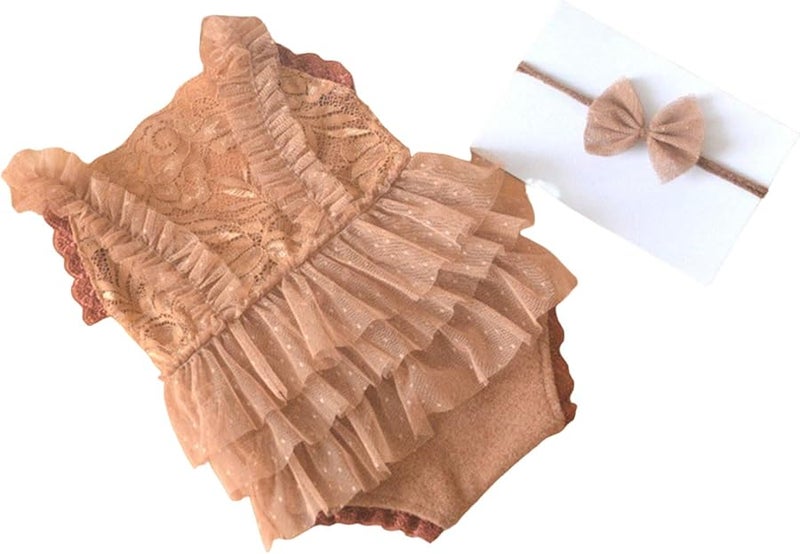 Newborn Girl Lace Romper With Bowknot Hairband Photography Outfit Birthday Celebration Costume - Image 1